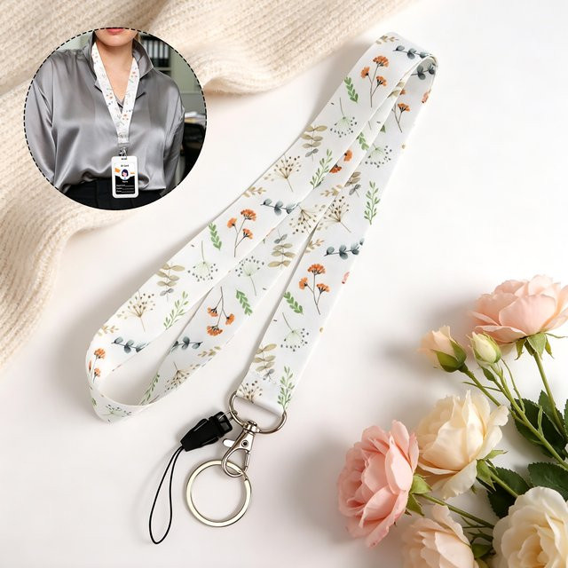Weißes Blumen-Lanyard für Ausweishalter und Schlüssel mit Metallverschluss - Bild 1
