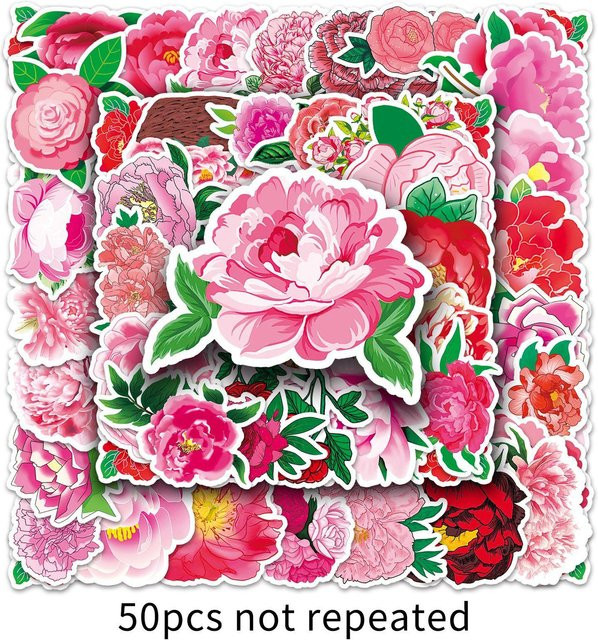 50 wasserfeste Pfingstrosen Sticker im Doodle-Design für Handyhüllen und Koffer, Mehrfarbig - Bild 1