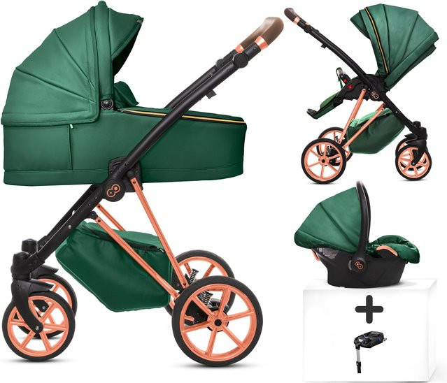 TPFLiving 4in1 Kinderwagen Royal aus Kunstleder in Grün mit Gestell in Roségold - Bild 1