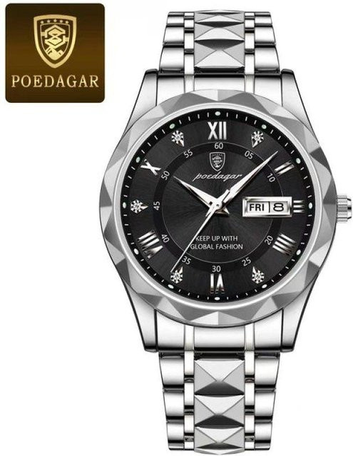 POEDAGAR Armbanduhr Quarz, Edelstahl, schwarz/silber, Herren - Bild 1