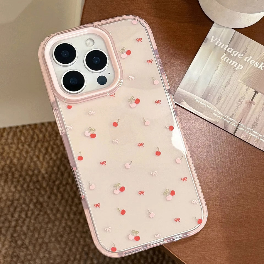 MUQGEW Handyhülle mit Kirsch- und Bowknot-Design für iPhone 12 bis iPhone 17 Pro Max, transparent und pink, stoßfeste Schutzhülle - Bild 2