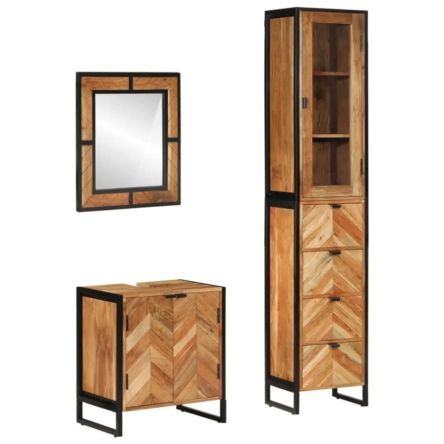vidaXL 3-teiliges Badmöbel-Set aus Akazien-Massivholz und Eisen in Braun im Industrie-Design - Bild 2