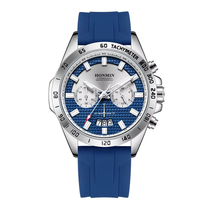 HONMIN Chronograph, Quarz, Edelstahl, Silber, Blau, Herren - Bild 2