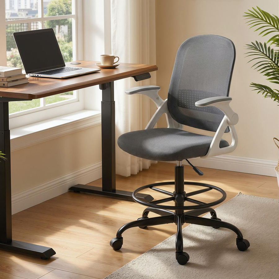 HOMCOM Mesh-Schreibtischstuhl in Grau mit klappbaren Armlehnen, Lendenstütze und Fußstütze, höhenverstellbarer Bürostuhl für Home-Office und Studio - Bild 2