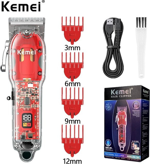 Kemei Haarschneidemaschine, kabelloser Trimmer, Unisex, transparent, rot - Bild 1