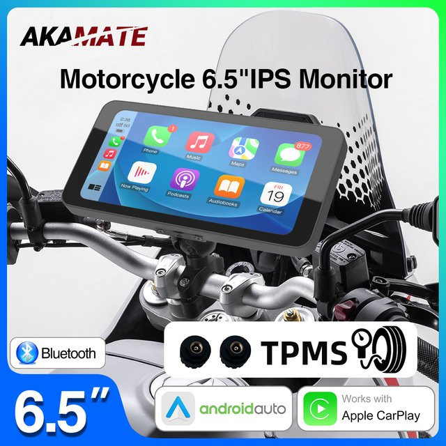 AKAMATE Motorrad Monitor mit 6,5 Zoll IPS Display, Drahtloses CarPlay und Android Auto, Wasserdichtes GPS Navigationsgerät mit Bluetooth in Schwarz - Bild 1