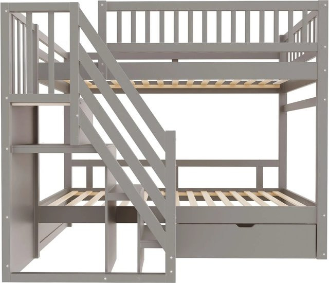 Merax Etagenbett aus Massivholz mit Stauraumtreppe und Schubladen in Grau und Weiß, B/T/H: 90 x 200 x 173 cm - Bild 1