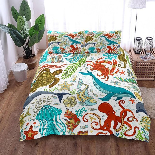 JMG Household Supplies Oktopus Bettwäscheset mit Ozeantier-Motiv, Mehrfarbig, B/T/H: 140 x 200 cm - Bild 1