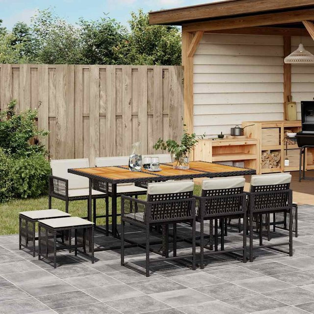 vidaXL 11-teilige Garten-Essgruppe aus Poly Rattan mit Kissen in Schwarz, Braun und Cremeweiß mit Akazienholz-Tisch - Bild 3