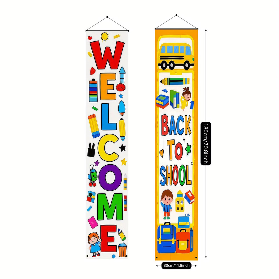 VIKAMA Willkommen zurück in der Schule Veranda-Banner mit Cartoon-Motiven wie Schulbus, Bleistift und Rucksack, mehrfarbiges Hängedekor-Set für Kinder - Bild 2