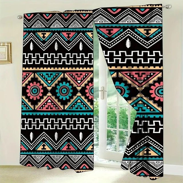 2er-Set Floral Boho Vorhänge mit buntem Blumenmuster von A Family Of Home Textiles, Breite: 110 cm, Höhe: 240 cm - Bild 1