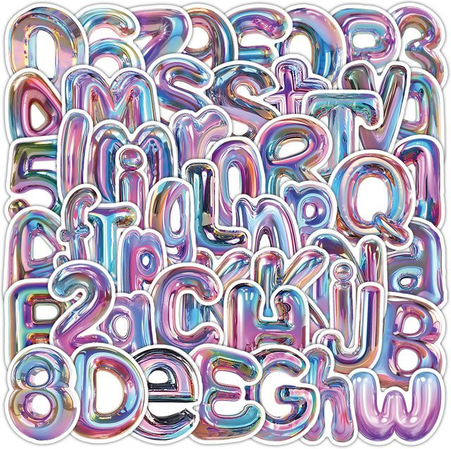 63 Stück 3D glänzende Buchstaben- und Zahlen-Aufkleber in Multicolour von LanLanStickersWorld für Laptop, Gepäck und Basteldekorationen - Bild 1
