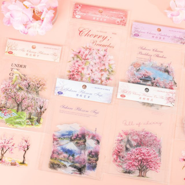 20 Blatt Kirschblüten-Aufkleber in Pink und Multicolour für Scrapbooking und Bastelarbeiten, B: 16,2 cm, H: 11,0 cm - Bild 1