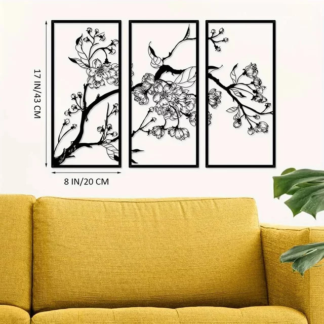 DDPNKL Wanddekoration aus Metall mit Pfirsichblüten, quadratische Wandkunstskulptur in Schwarz, modernes florales Design für Zuhause und Garten - Bild 1