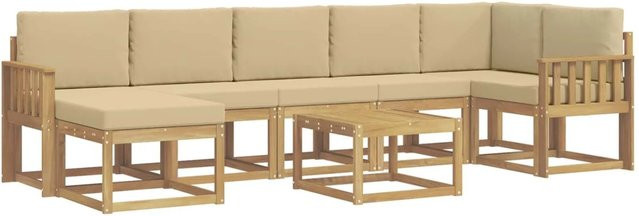 vidaXL Outdoor-Sofagarnitur 8-tlg. in L-Form mit Kissen und Couchtisch, Weiß und Beige, Akazienholz und UV-beständigem Polyester - Bild 1
