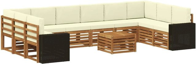 vidaXL Outdoor-Sofagarnitur aus Akazienholz in U-Form, 11-teiliges Set mit Polstern in Natur und Creme, modern mit Latten-Design und wetterfesten Kissen aus Polyester - Bild 1