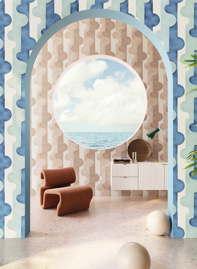 Omexco Tapete Puzzle of Passion JOY34 in Pink mit abstraktem geometrischem Design und Mid-Century-Stil - Bild 1