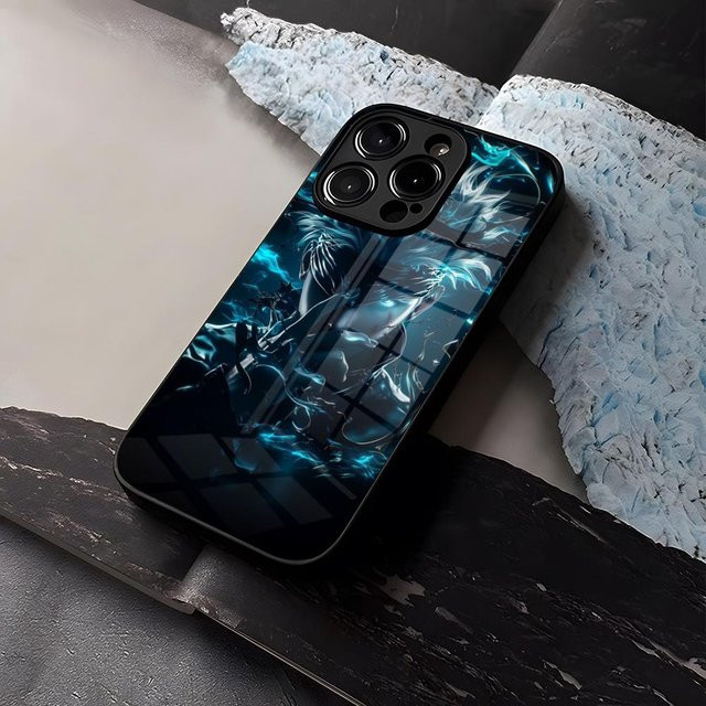Smartphone Hülle Satoru Gojo aus gehärtetem Glas für iPhone 11 12 13 14 15 16 Pro Max Plus Mini X XR SE 2020 in Blau - Bild 1