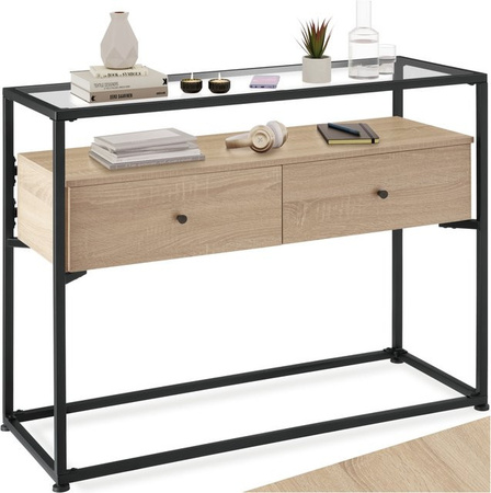 tectake Konsolentisch im Industrial Style mit Sicherheitsglas und 2 Schubladen, B/T/H: 101,5 x 41,5 x 80,5 cm