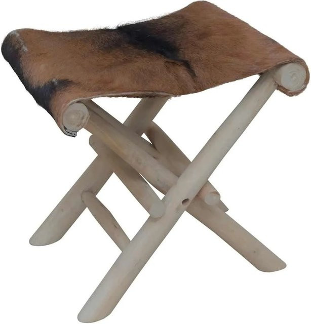 vidaXL Klapphocker aus Massivholz Teak und Ziegenleder in Braun, rustikaler Design-Hocker B/T/H: 40 x 45 x 48 cm - Bild 1
