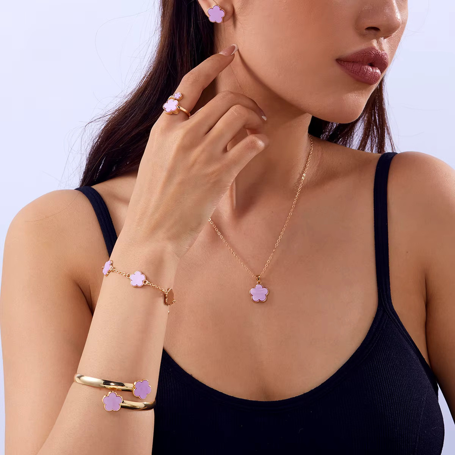 Harlermoon Schmuck-Set, Blumenmuster, Kleeblatt, Messing, Gold, Damen - Bild 2
