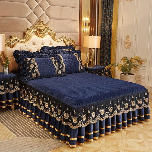 Luxus-Tagesdecke aus gestepptem Samt mit Spitzenstickerei und Bettrock in Blau, Queen-Size, B/T: 150 x 200 cm - Bild 1