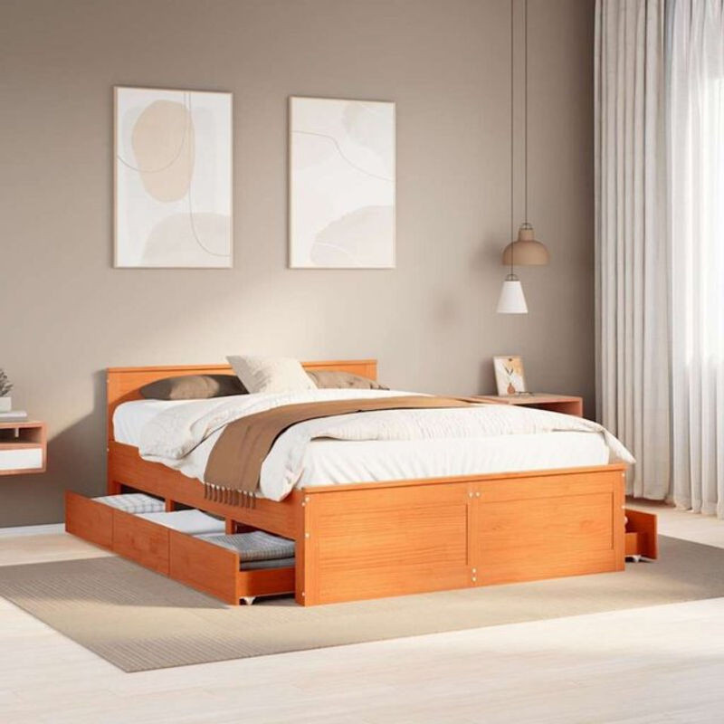 Massivholzbett aus Kiefer mit Kopfteil von VIDAXL in Braun, B/T/H: 140 x 190 x 75 cm - Bild 1