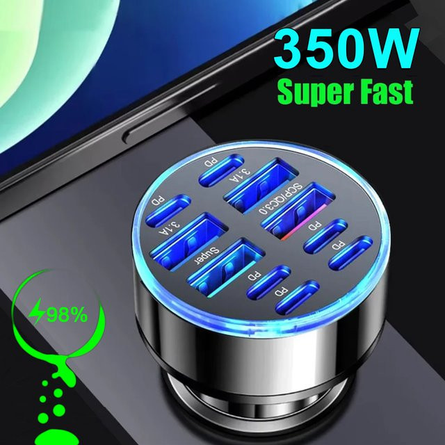 kebidumei Autoladegerät mit 10 Ports und 350 W Schnellladung PD QC3.0 USB C Typ C Adapter in Schwarz - Bild 1