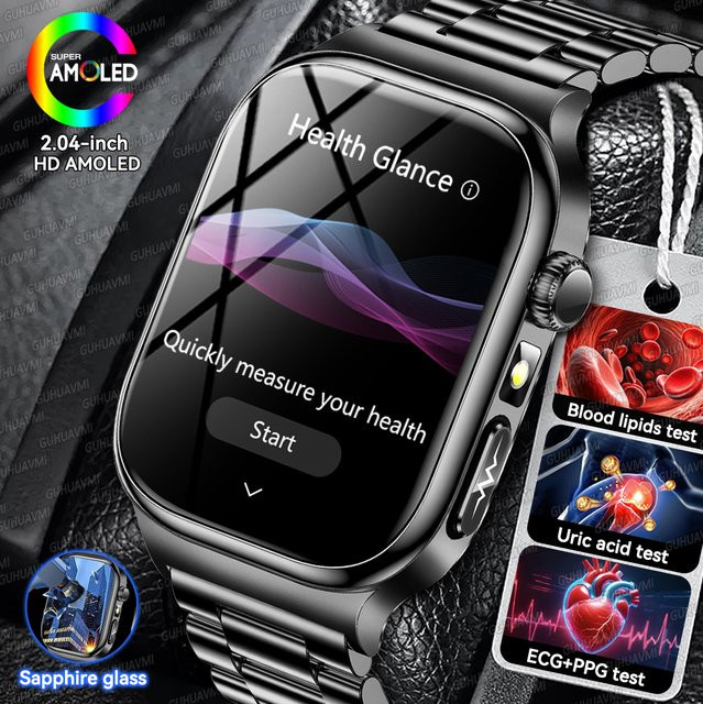 GUHUAVMI Gesundheits-Smartwatch mit 2,04-Zoll-AMOLED-Bildschirm, Blau, EKG+PPG, Blutdruck-, Harnsäure- und Blutfettmessung sowie Sprachanruf-Funktion - Bild 1