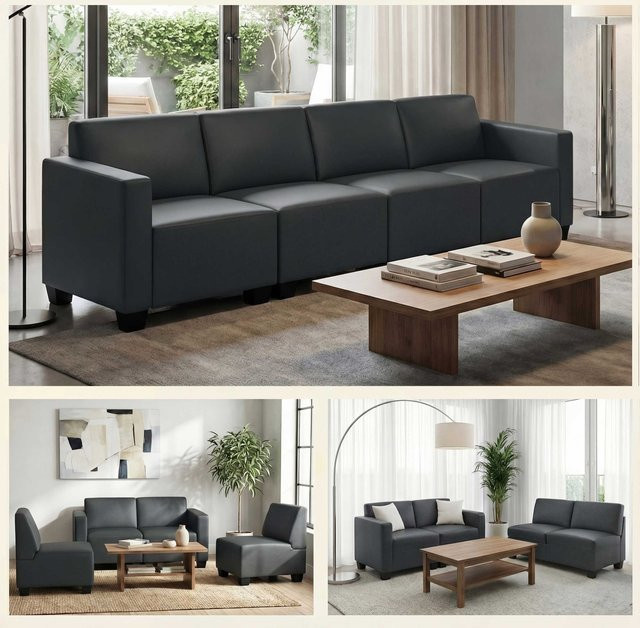 Modular 4-Sitzer Sofa Couch Moncalieri von MCW in Dunkelgrau aus Kunstleder - Bild 1