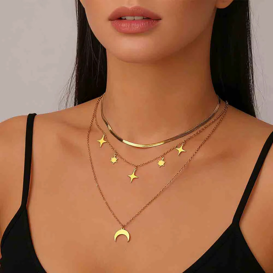 Skyrim Mond-Stern-Anhänger, Mehrlagige Halskette, Edelstahl, Gold, Damen - Bild 1