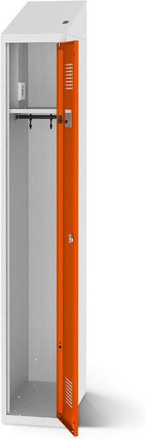 rotstahl Kleiderspind mit Ladefunktion und 1 Tür in Orange mit lichtgrauem Korpus, B: 30 cm, H: 200 cm - Bild 1