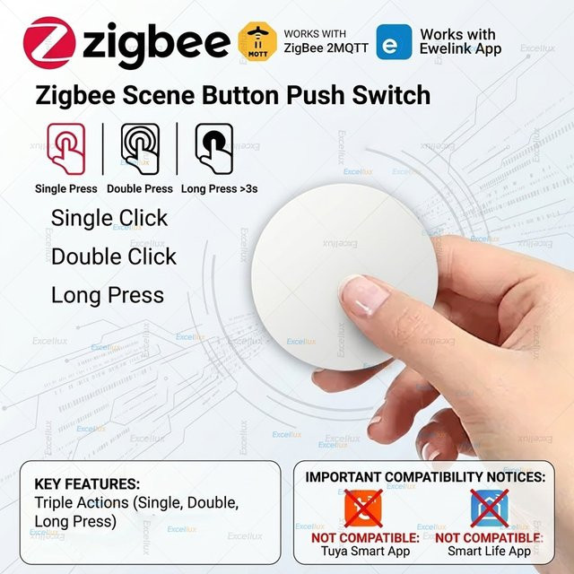 Excellux Zigbee Smart Scene Switch Drucktastenschalter in Weiß mit Batterie für Ewelink App und Z2M (Gateway erforderlich) - Bild 1