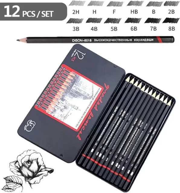 12-teiliges Graphit Bleistift Set 2H-8B in einer Metallbox für Schule, Büro und Kunst zum Skizzieren - Bild 1