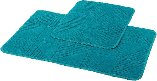 Sensation Badgarnitur aus Polypropylen in Petrol und Türkis, bestehend aus Badmatte und WC-Vorleger, fußbodenheizungskompatibel