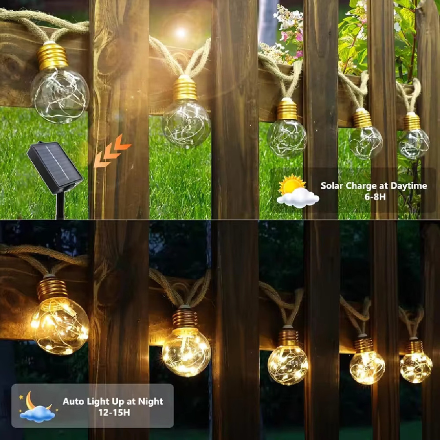 WELPUR Solarbetriebene Lichterkette mit Glaskugeln und Hanfseil in Braun und Transparent, Warmweißes Licht für Garten, Terrasse und Party - Bild 2