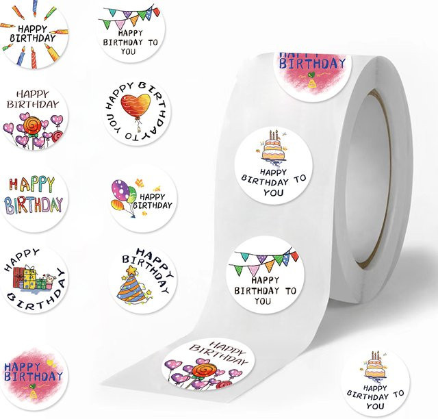 PickJoy 500 Stück runde Happy Birthday Aufkleber, wasserfeste Cartoon-Dekoration in Multicolour für Kinder und Erwachsene - Bild 1