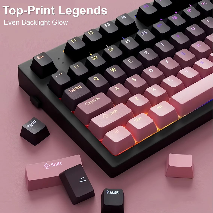 Oeny 135-Tasten Tastenkappen-Set mit Gradient-Effekt, PBT Double-Shot OEM-Profil für mechanische Gaming-Tastaturen, Schwarz/Mehrfarbig - Bild 2