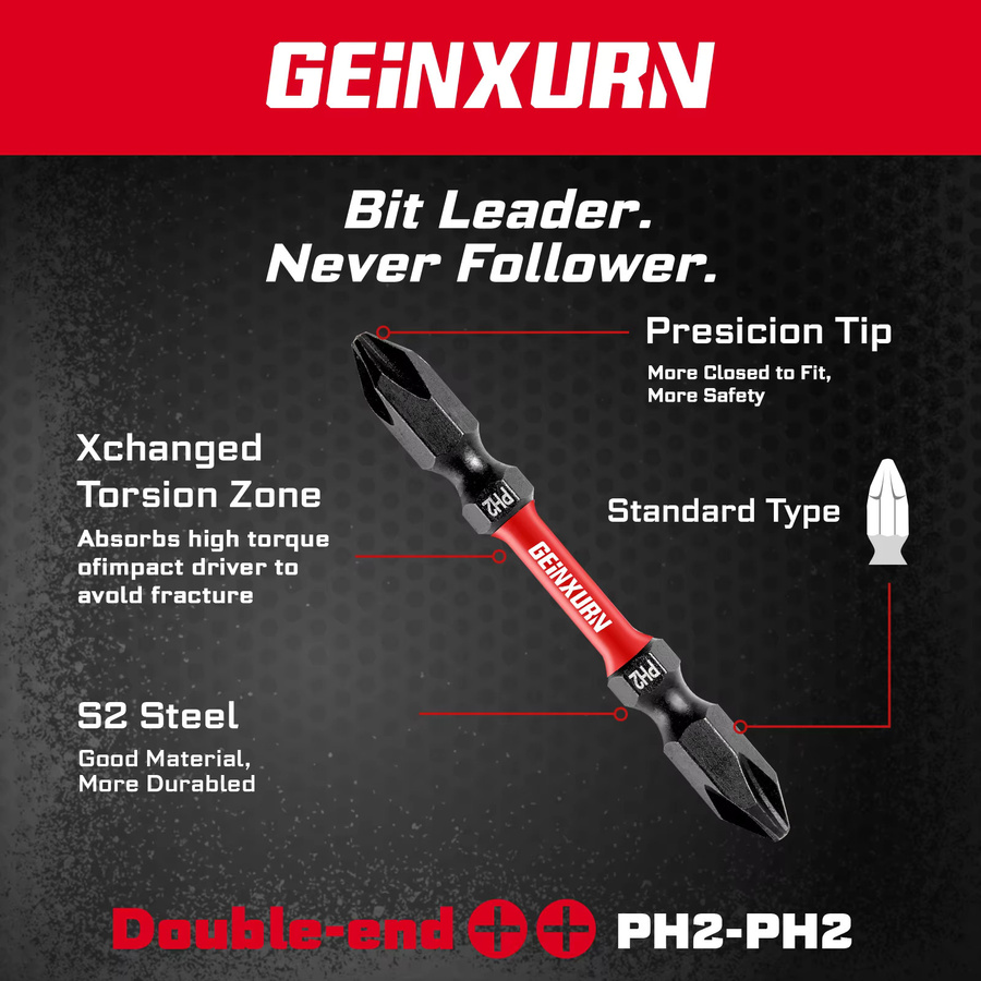 Geinxurn PH2-PH2 Impact Doppelendiger Power-Bit aus S2-Legierungsstahl in Schwarz - Bild 4
