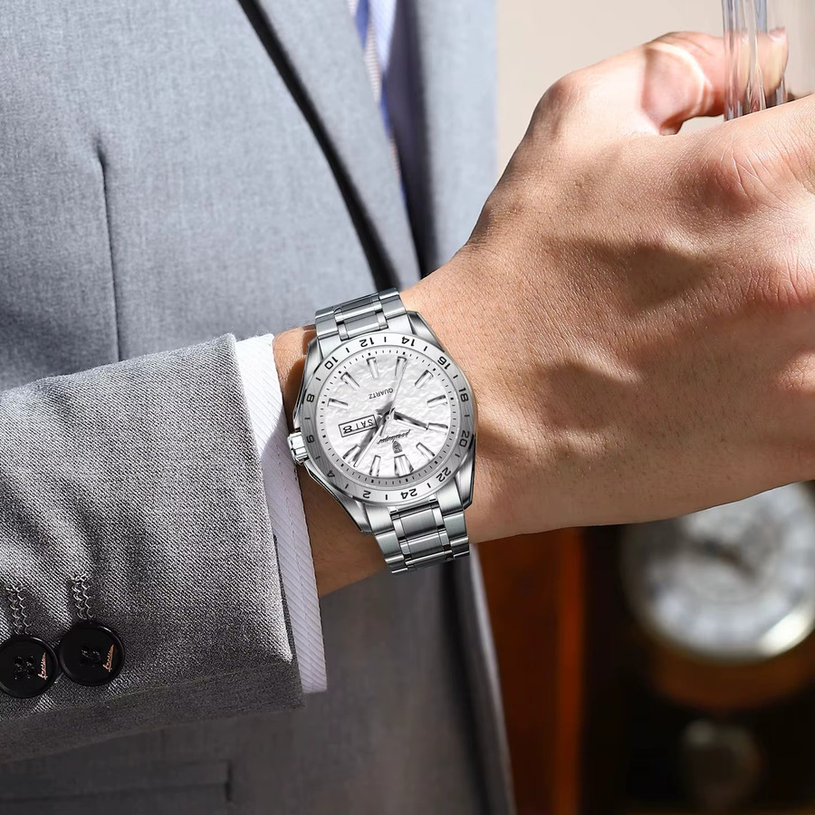 POEDAGAR Armbanduhr Quarz, Edelstahl, Silber, Herren, Datum, Wochentag - Bild 5