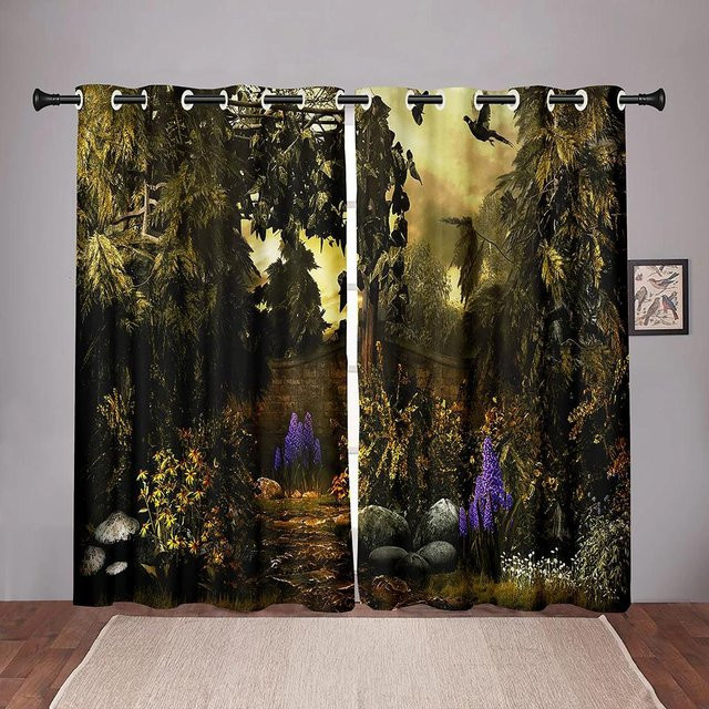 Yiran Furniture Verdunkelungsvorhänge mit Naturwald- und Baumblättern, Mehrfarbig, B: 55 cm, H: 120 cm, 2er-Set mit Ösenringen - Bild 1