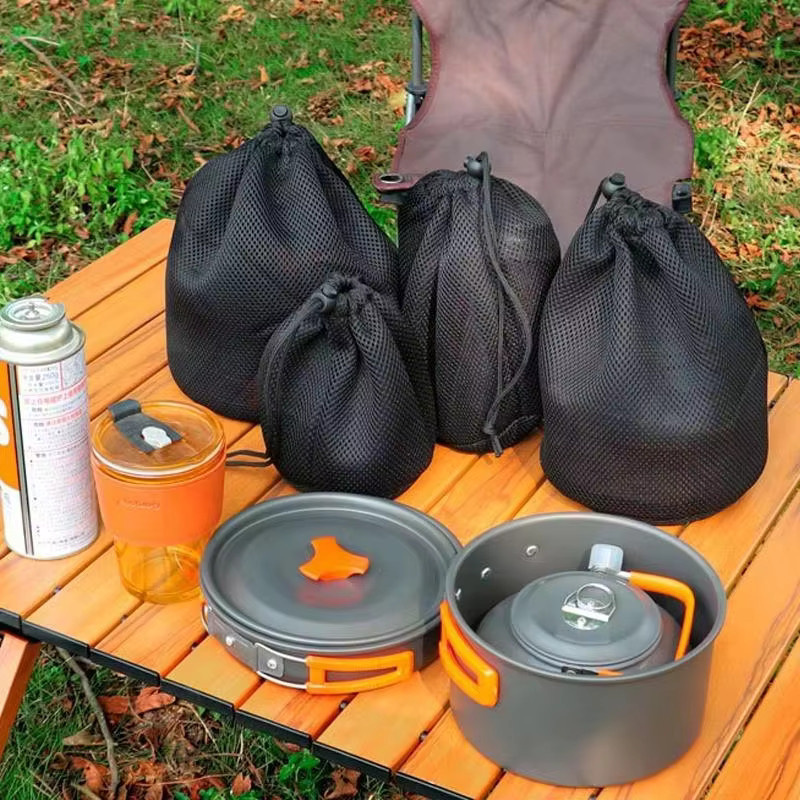 ZHUANGYUN Tragbare Mesh-Aufbewahrungstasche für Camping-Kochgeschirr und Picknick-Zubehör, Schwarz - Bild 2