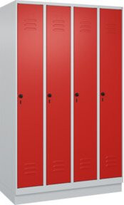 C+P Spind Classic PLUS Garderobenschrank mit 4 Abteilen, Sockel, Sicherheits-Drehriegel, 4 Garderobenhaken und mittiger Trennwand, Farbe Grau/Rot, H x B x T: 195 x 120 x 50 cm - Bild 1