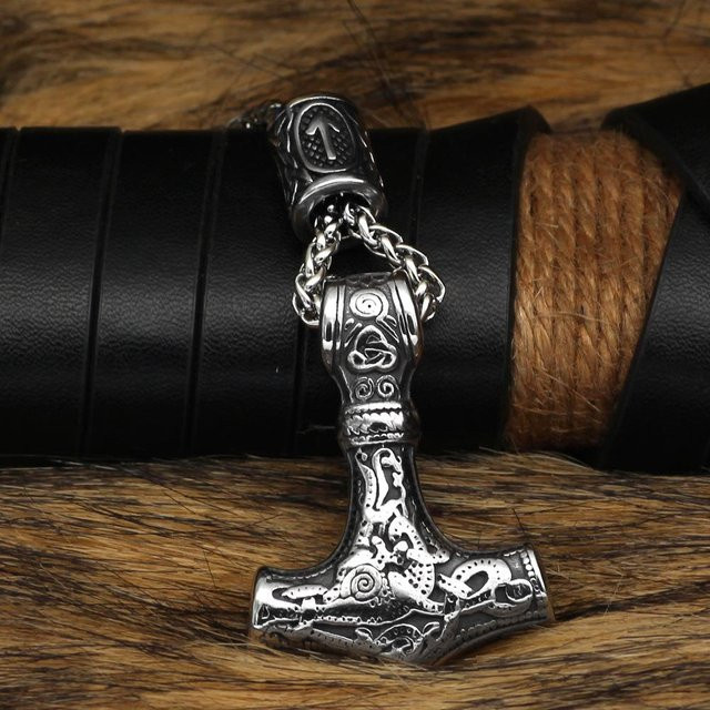 YIRAN Anhänger Halskette, Thors Hammer Mjolnir, Edelstahl, Schwarz, Unisex - Bild 1