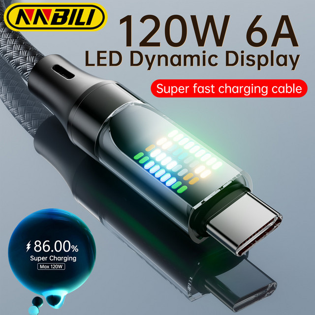 NNBILI 120W USB-C Ladekabel mit LED-Licht, 6A Nylon-Datenkabel in Schwarz, passend für Huawei und USB-C Geräte - Bild 1
