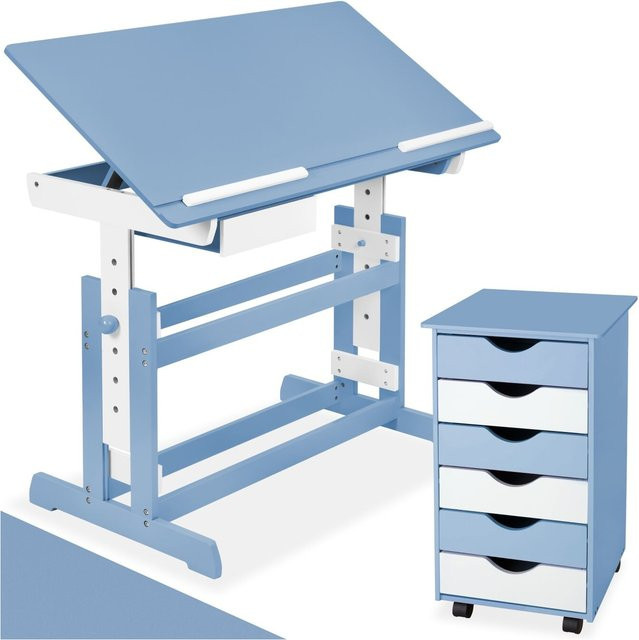 tectake Schreibtisch mit neigbarer Tischplatte und Rollcontainer mit 6 Schubladen, Blau, B/T/H: 109 x 55 x 94 cm - Bild 1