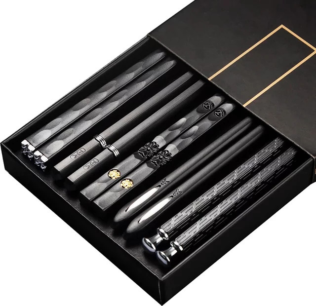 5 Paar AJOYOUS Essstäbchen aus Metall in Schwarz Matt für Sushi und Koreanische Küche - Bild 1