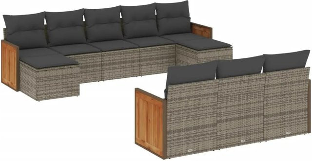 vidaXL 10-teilige Garten-Sofagarnitur in U-Form aus Polyrattan und Akazienholz in Grau mit Kissen und Sitzpolstern - Bild 1