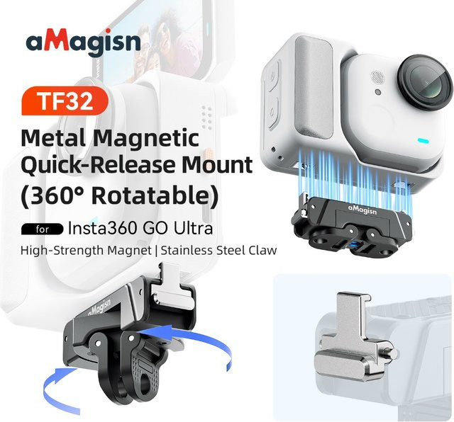 aMagisn Drehbare Metall-Magnethalterung für Insta360 GO Ultra, 360 Grad verstellbarer Schnellwechseladapter in Schwarz - Bild 1