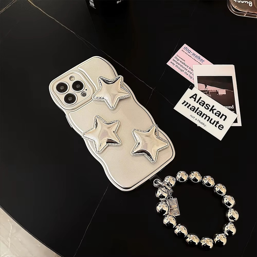 MUQGEW Handyhülle mit 3D Puff Star Design und Armbandkette für iPhone 11 bis 16 Pro Max, silber, stoßfeste Abdeckung - Bild 2